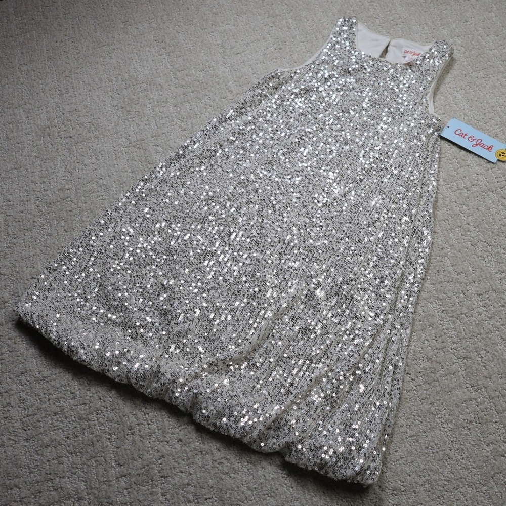 Cat & Jack Girls Silver Sequin Bubble Dress Size M 8 Sleeveless Party Holiday